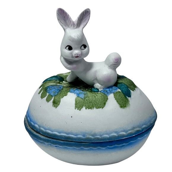 Bisque Bunny Rabbit Egg-Shaped Covered Trinket Candy Dish 5" Easter Decor VTG - Picture 1 of 7